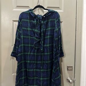 Plaid Tie-Neck Dress Crown & Ivy Peasant Renaissance Era XL Boho Holiday Bow